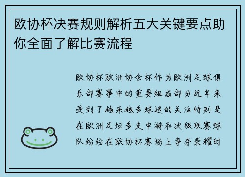 欧协杯决赛规则解析五大关键要点助你全面了解比赛流程 欧协杯决赛规则解析五大关键要点助你全面了解比赛流程