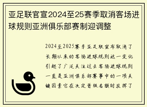 亚足联官宣2024至25赛季取消客场进球规则亚洲俱乐部赛制迎调整 亚足联官宣2024至25赛季取消客场进球规则亚洲俱乐部赛制迎调整